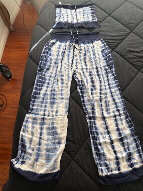 Vibrant Blue and Tie-Dye 2-Piece Set | Smocked Tube Top & Wide-Leg Palazzo Pants